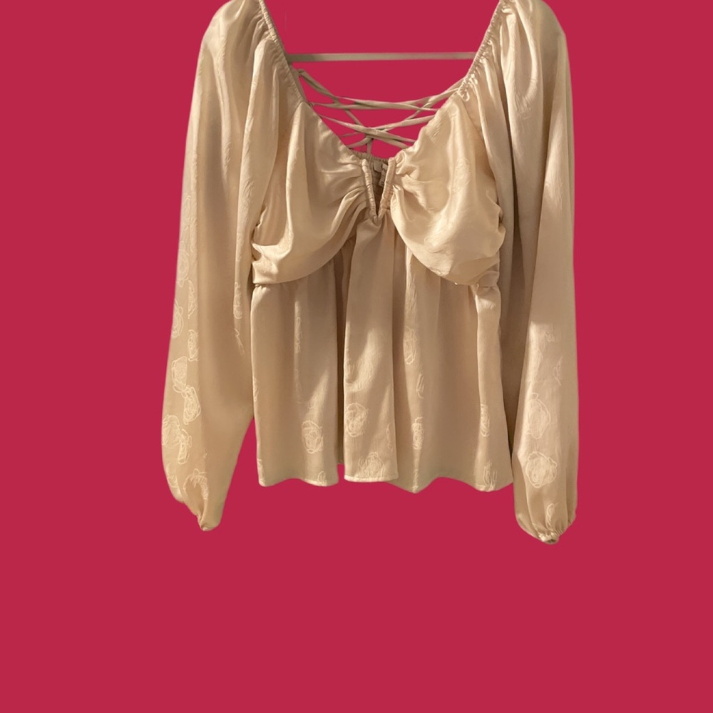 Francesca's Collections Tan Tie Front Blouse with Relaxed Fit